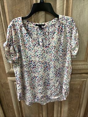 Forever 21 White Multicolor Geometric Print Short Sleeve Blouse